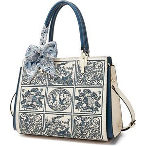 Women Tote Shoulder Bag Crossbody Bag Purse Top Handle bag with Embroidery-Blue